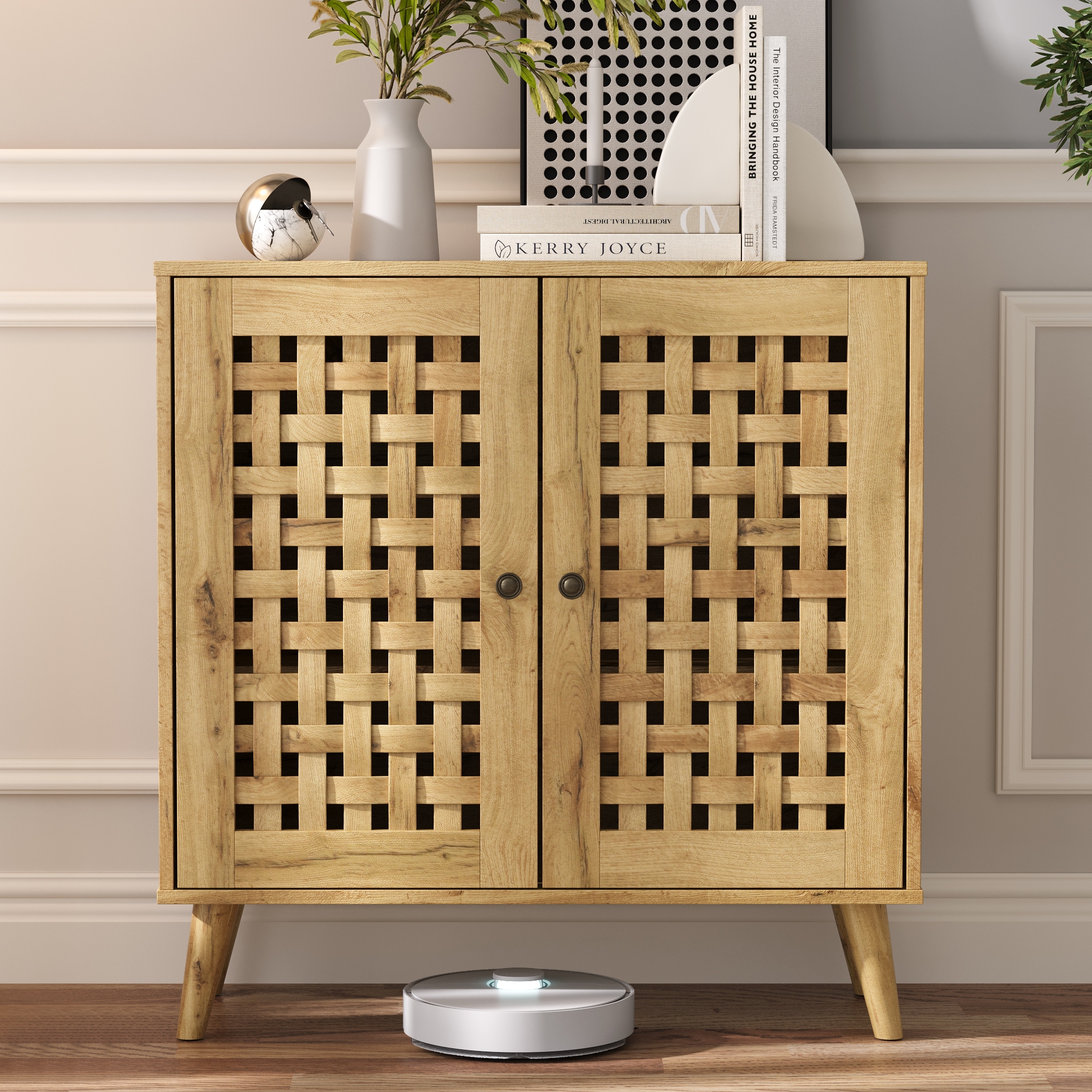 Storage Cabinet With 2 Basket Weave Wooden Doors, Coffee Bar Cabinet With Adjustable Shelves, Vintage Buffet Sideboard For Living Room, Hallway, Entryway, Dining Room, Natural Wood Color_voghion.com